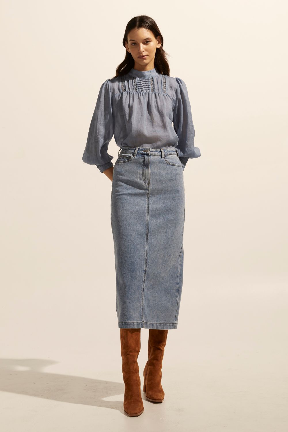 blue, midi skirt, denim midi skirt, denim skirt, side and back pockets, front image