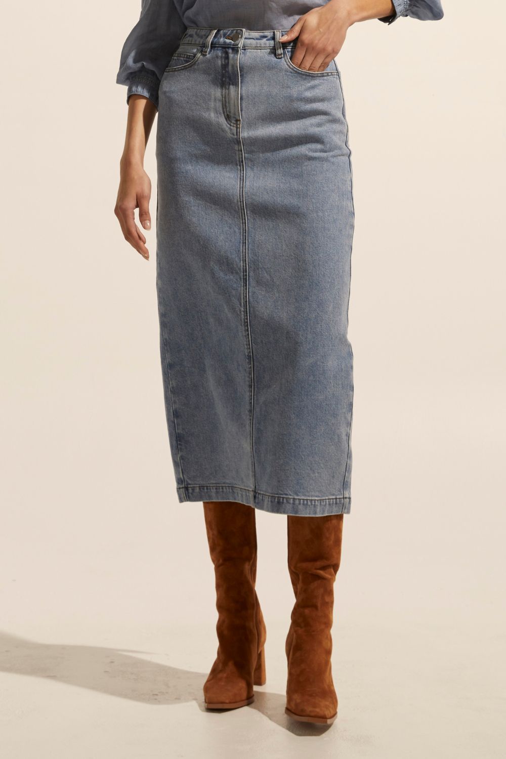 blue, midi skirt, denim midi skirt, denim skirt, side and back pockets, front image