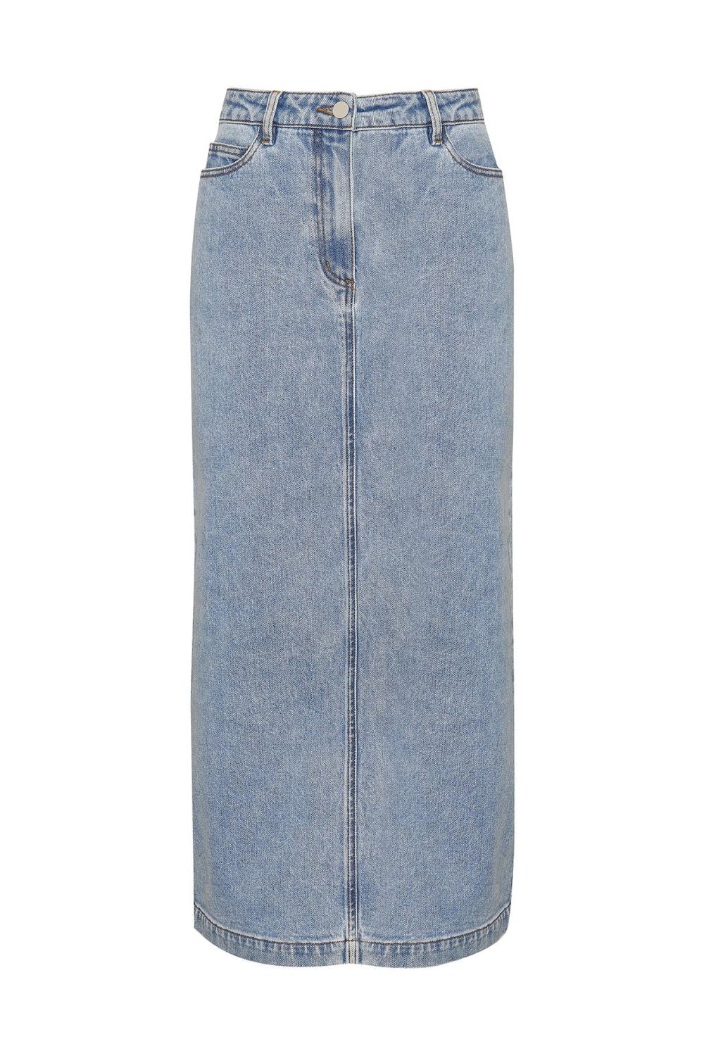 blue, midi skirt, denim midi skirt, denim skirt, side and back pockets, product image