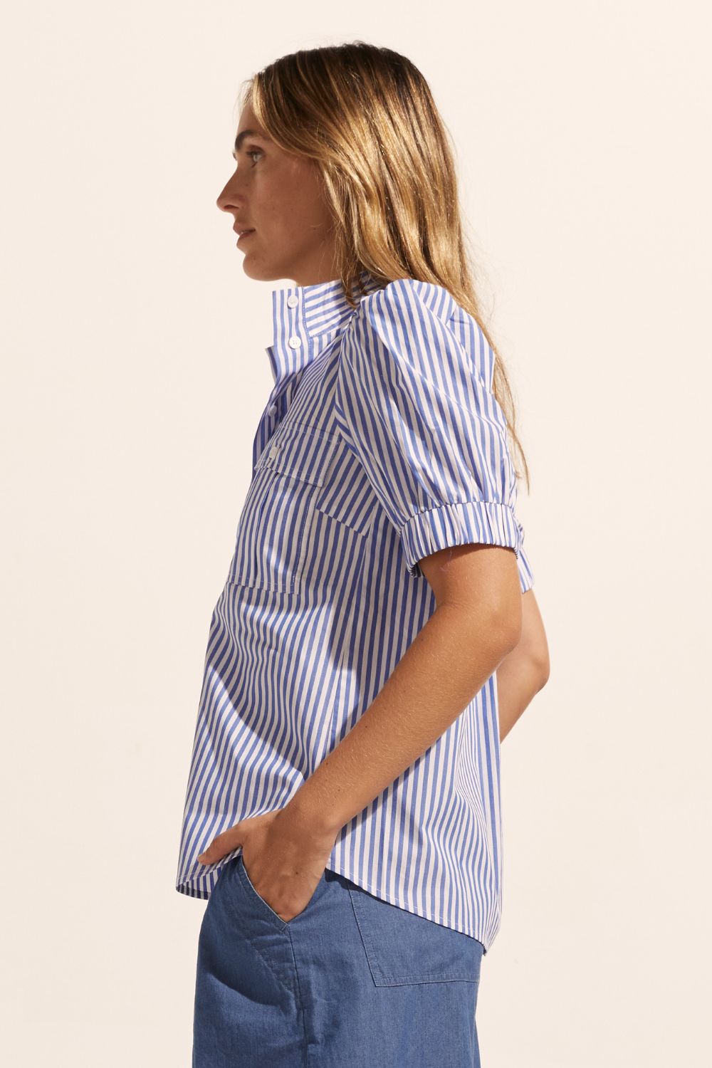 blue and white stripe, high neck, button down, mid length sleeve, curved hem, shirt, side image
