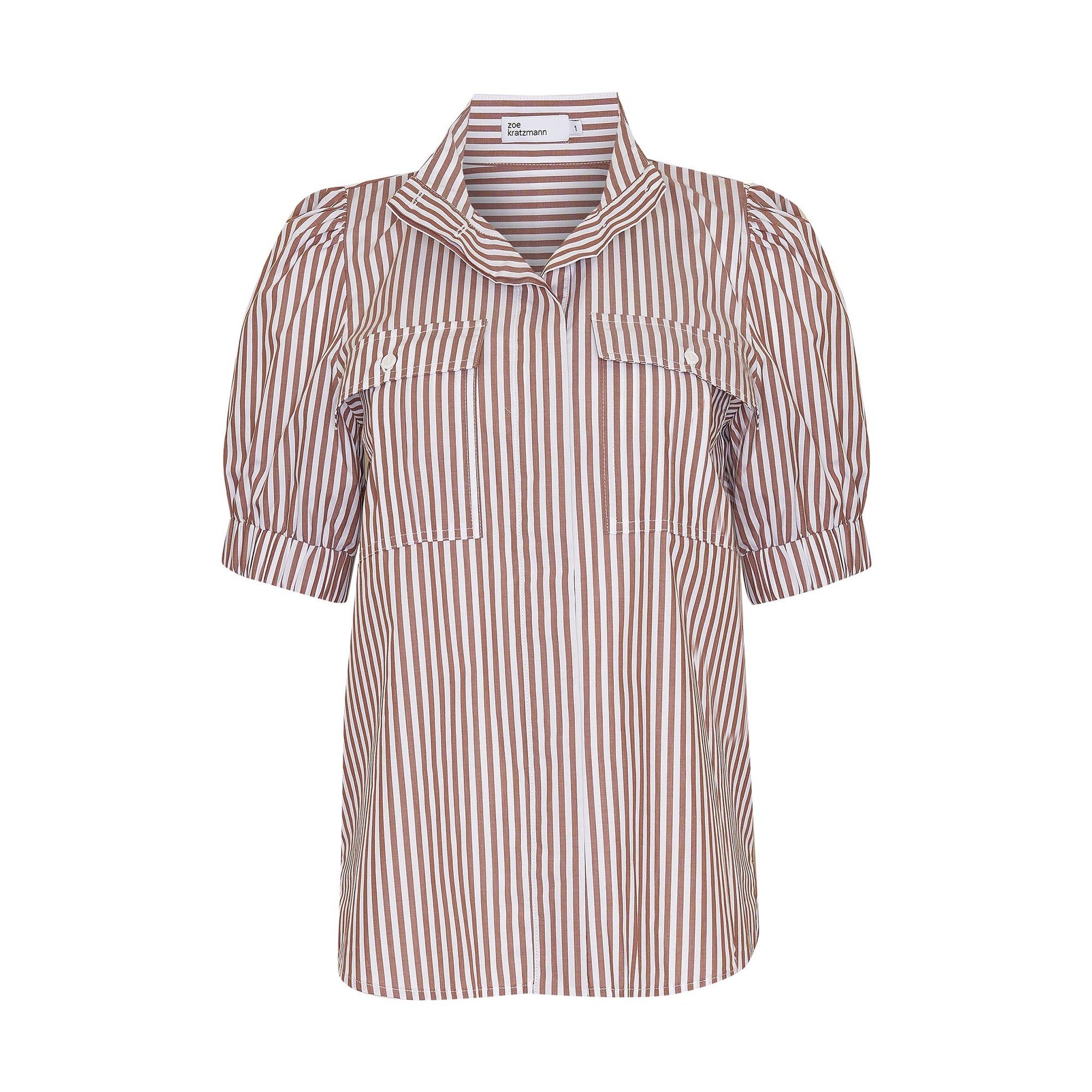 brown stripe, high neck, button up shirt, top, product image