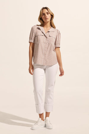 brown stripe, high neck, button up shirt, top