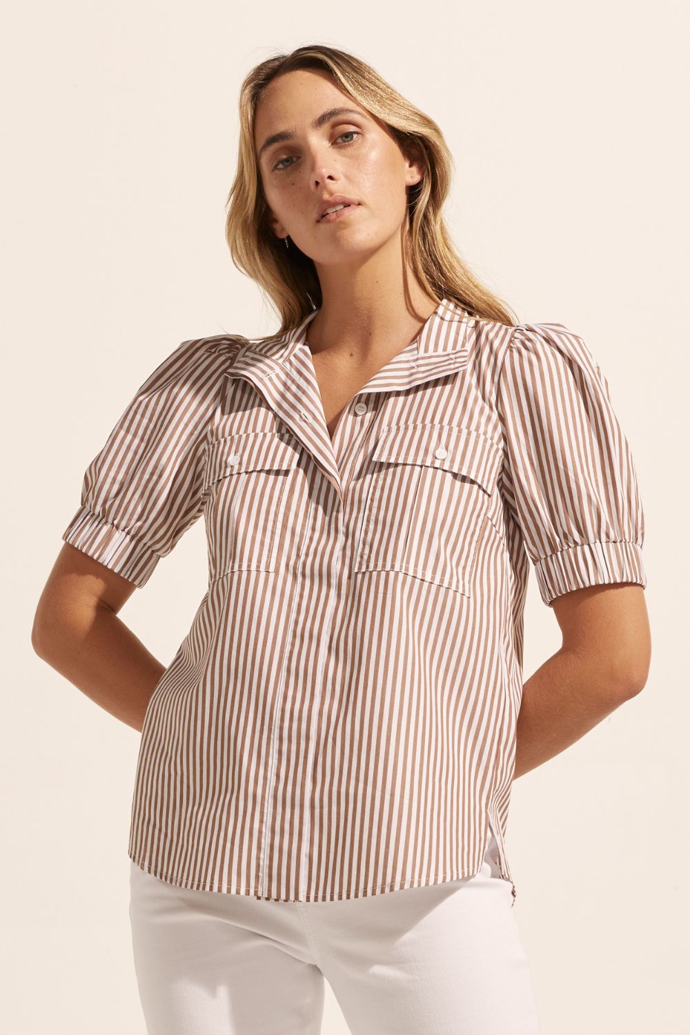 brown stripe, high neck, button up shirt, top