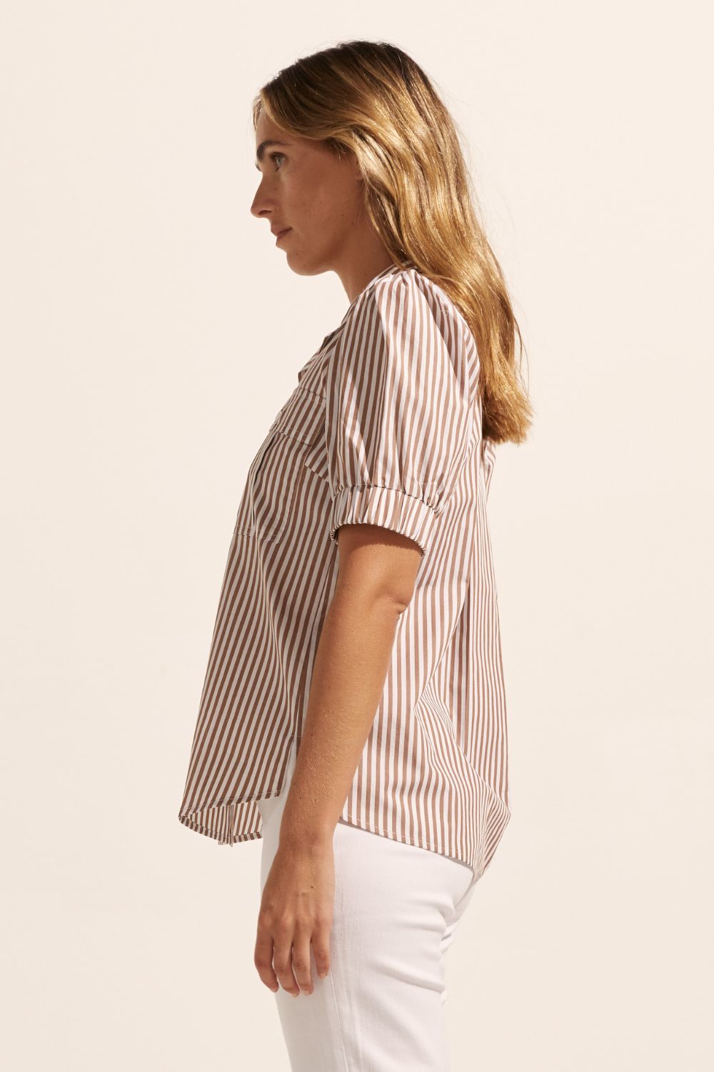 brown stripe, high neck, button up shirt, top, side view