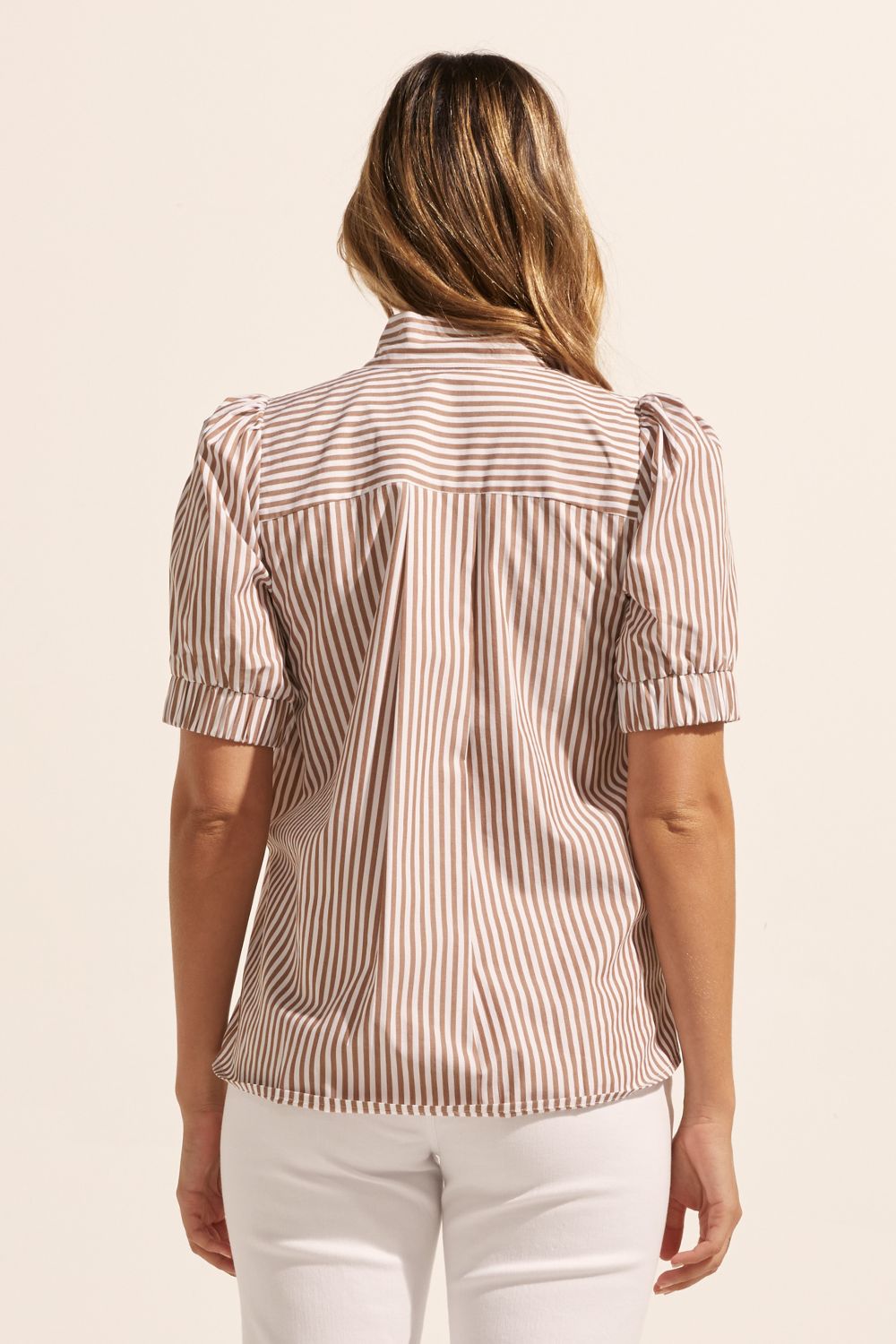 brown stripe, high neck, button up shirt, top, back view