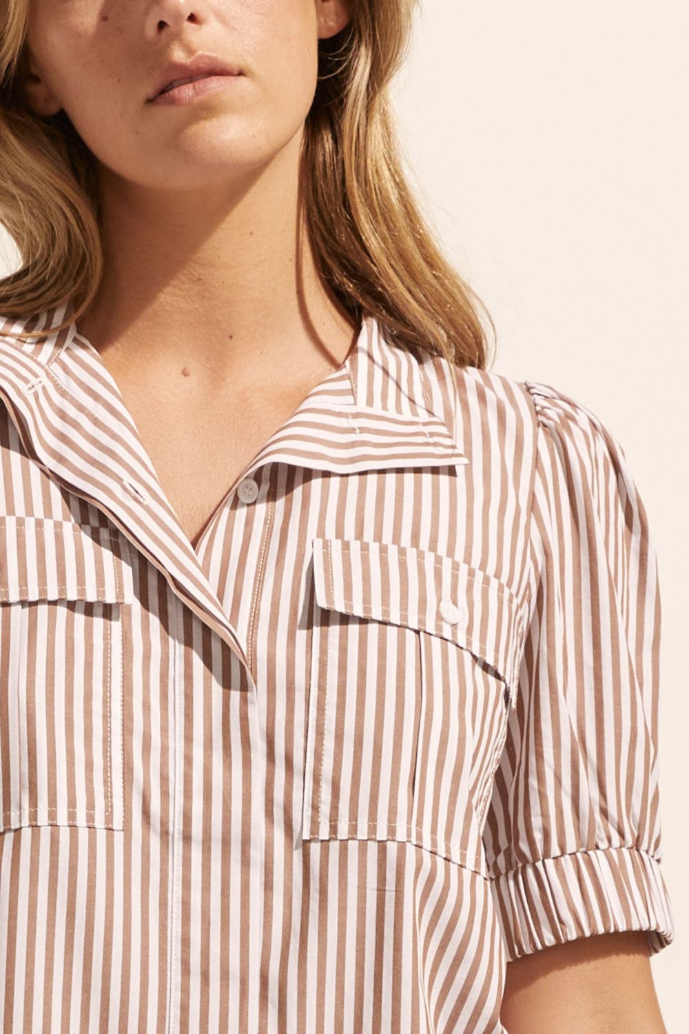 brown stripe, high neck, button up shirt, top, close up view