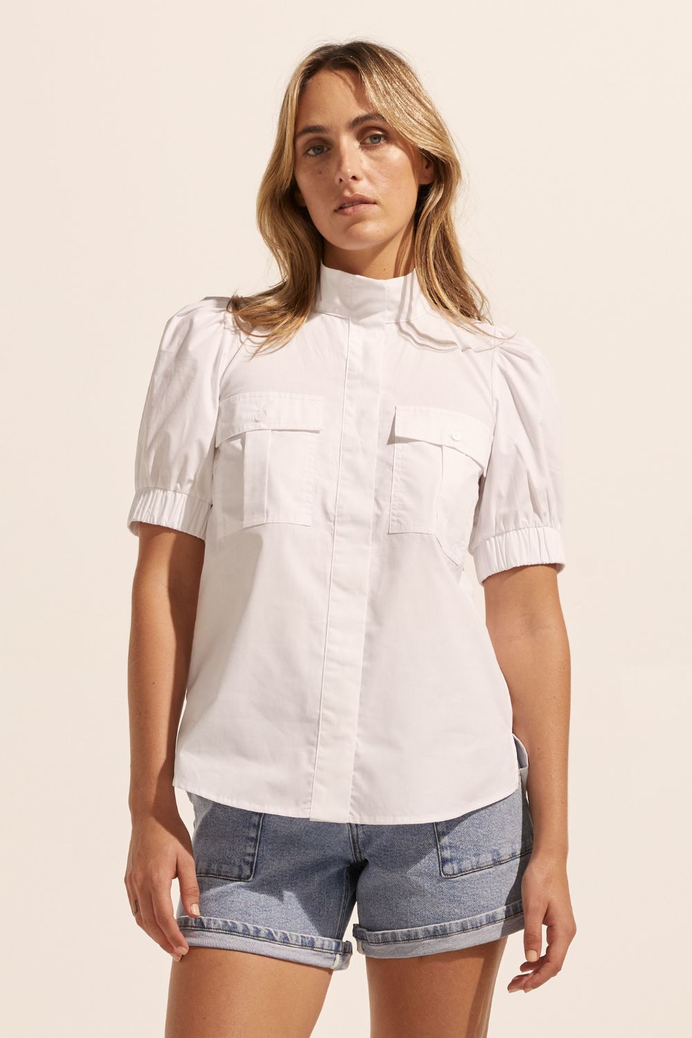 white, high neck, button up shirt, top