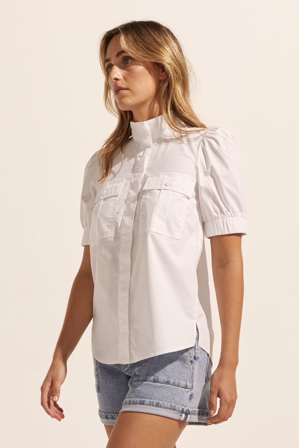 white, high neck, button up shirt, top, side view