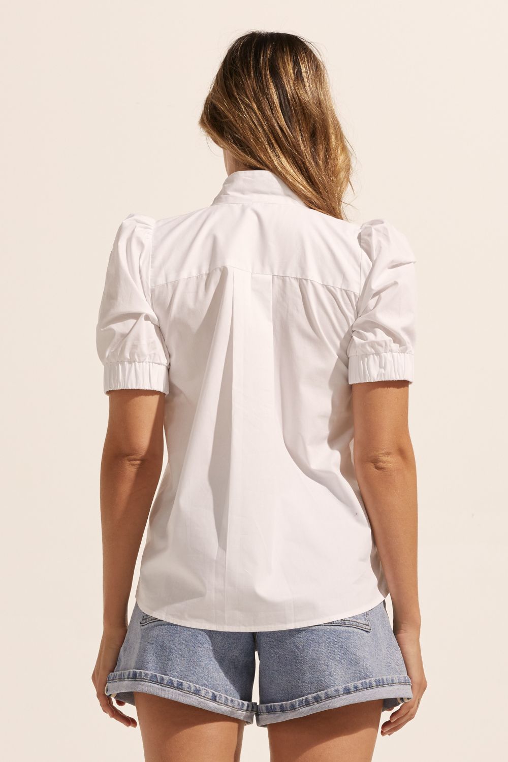 white, high neck, button up shirt, top, back view