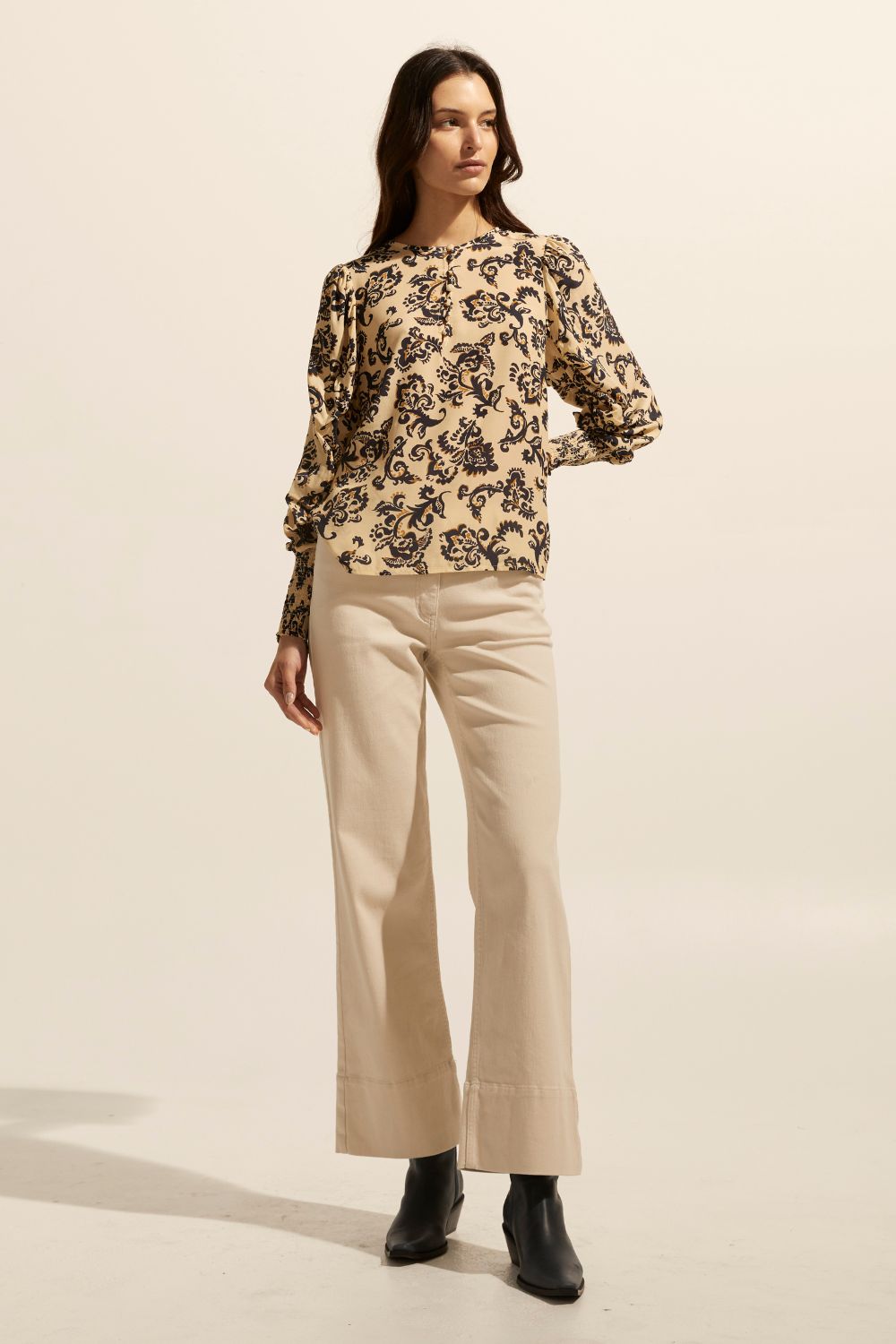 ochre, floral, yellow, top, long sleeve, shirred cuffs, blouson sleeve, covered buttons round neckline, front image