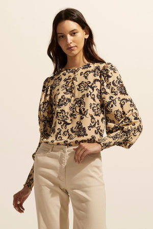 ochre, floral, yellow, top, long sleeve, shirred cuffs, blouson sleeve, covered buttons round neckline, front image