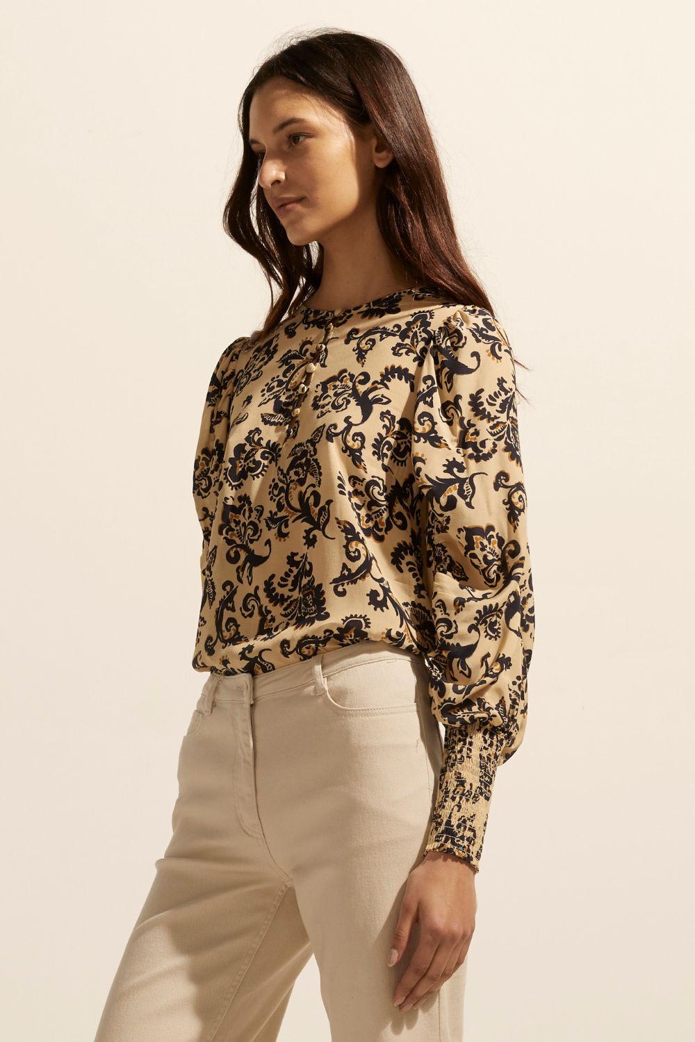 ochre, floral, yellow, top, long sleeve, shirred cuffs, blouson sleeve, covered buttons round neckline, side image
