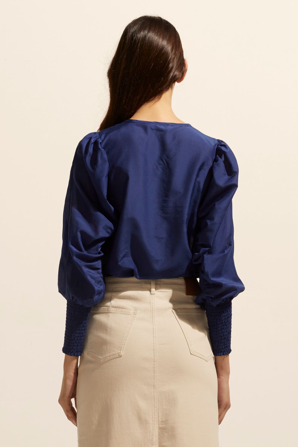 slate blue, blue, top, long sleeve, shirred cuffs, blouson sleeve, covered buttons round neckline, black image