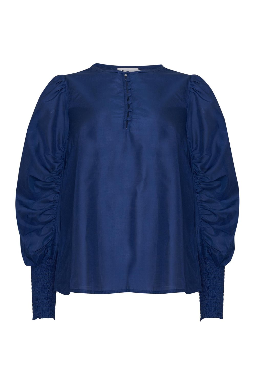 slate blue, blue, top, long sleeve, shirred cuffs, blouson sleeve, covered buttons round neckline, product image