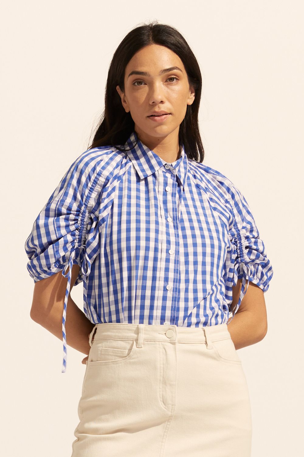 shirt, blue, gingham check, button up, rouched sleeves, adjustable ties on sleeves, front image