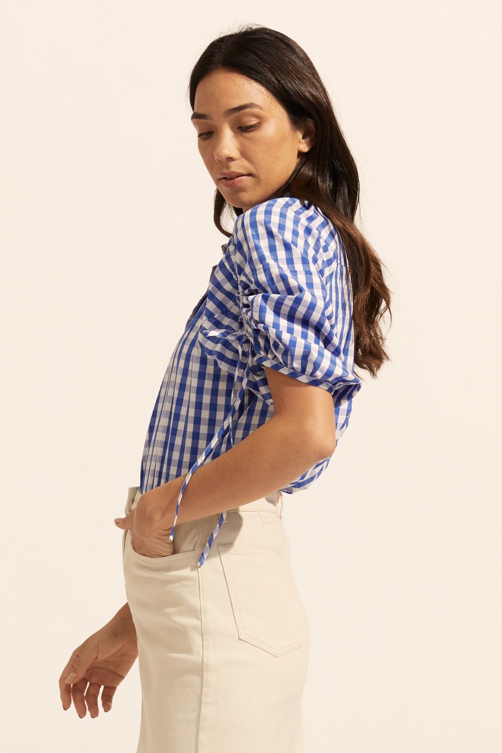 shirt, blue, gingham check, button up, rouched sleeves, adjustable ties on sleeves, side image