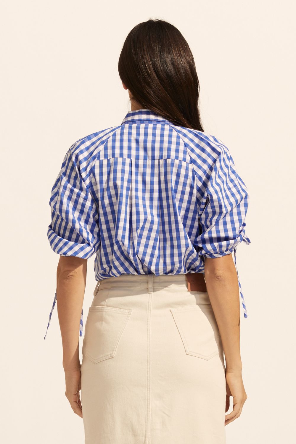 shirt, blue, gingham check, button up, rouched sleeves, adjustable ties on sleeves, back image