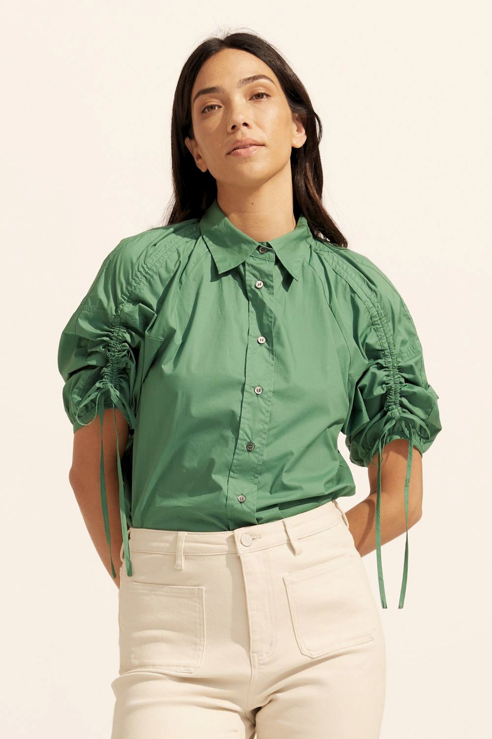 shirt, green, button up, rouched sleeves, adjustable ties on sleeves, front image