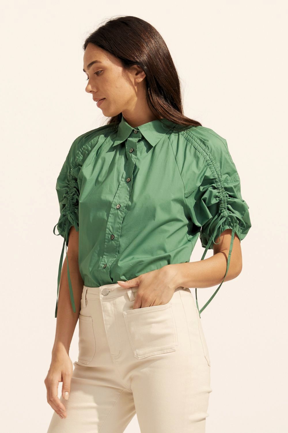 shirt, green, button up, rouched sleeves, adjustable ties on sleeves, side image