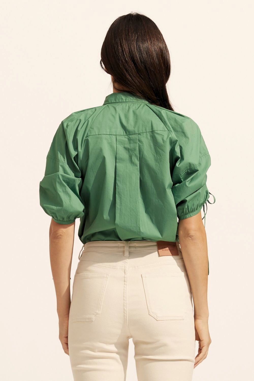 shirt, green, button up, rouched sleeves, adjustable ties on sleeves, back image