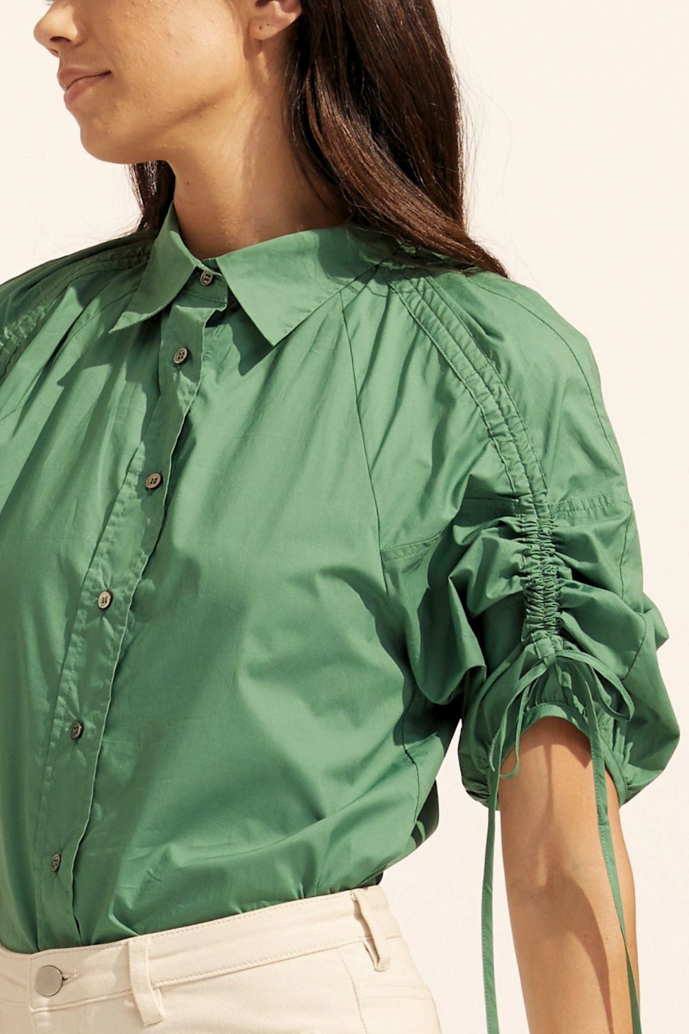 shirt, green, button up, rouched sleeves, adjustable ties on sleeves, detail image