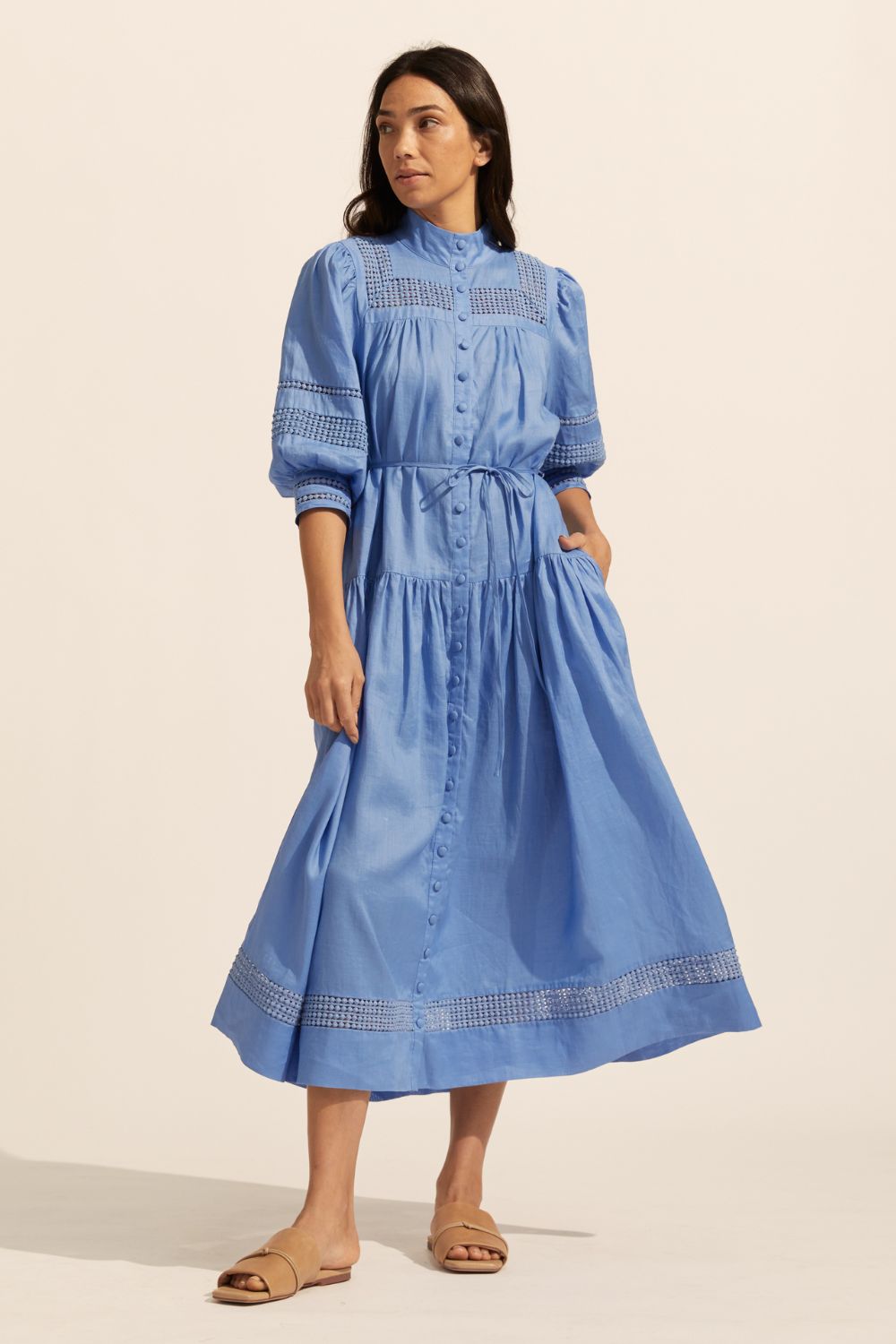 blue, maxi dress, button through, cuffed sleeves, self tie belt, embroidered detailing, high neckline, front image