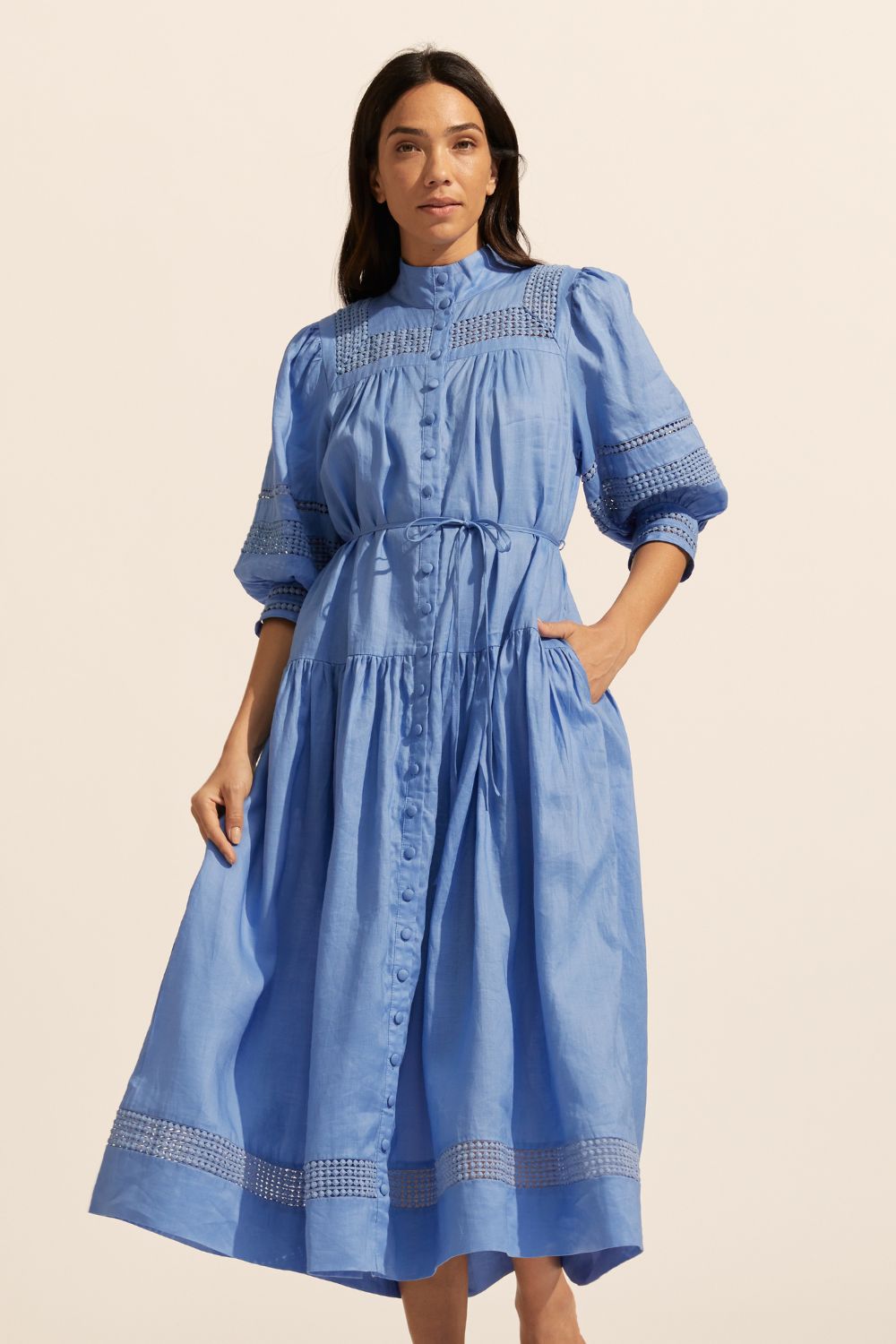 blue, maxi dress, button through, cuffed sleeves, self tie belt, embroidered detailing, high neckline, front image