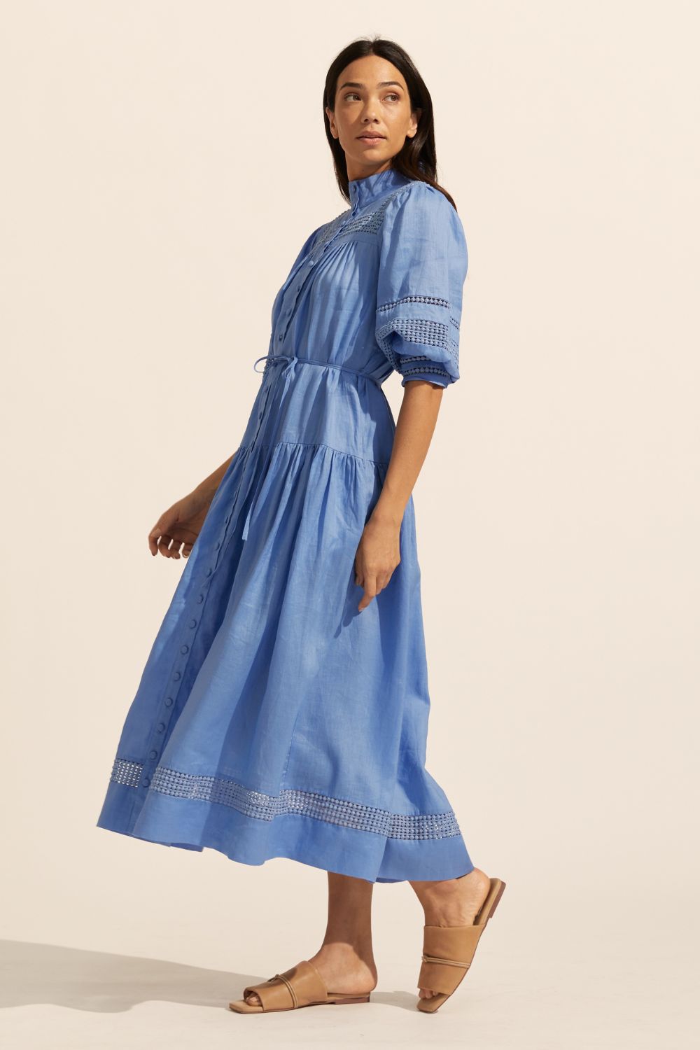 blue, maxi dress, button through, cuffed sleeves, self tie belt, embroidered detailing, high neckline, side image
