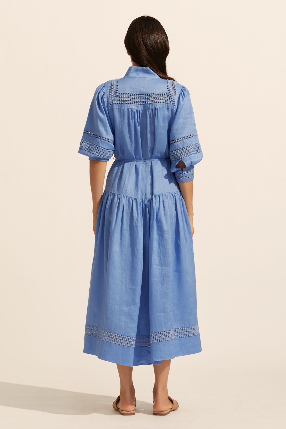 blue, maxi dress, button through, cuffed sleeves, self tie belt, embroidered detailing, high neckline, back image