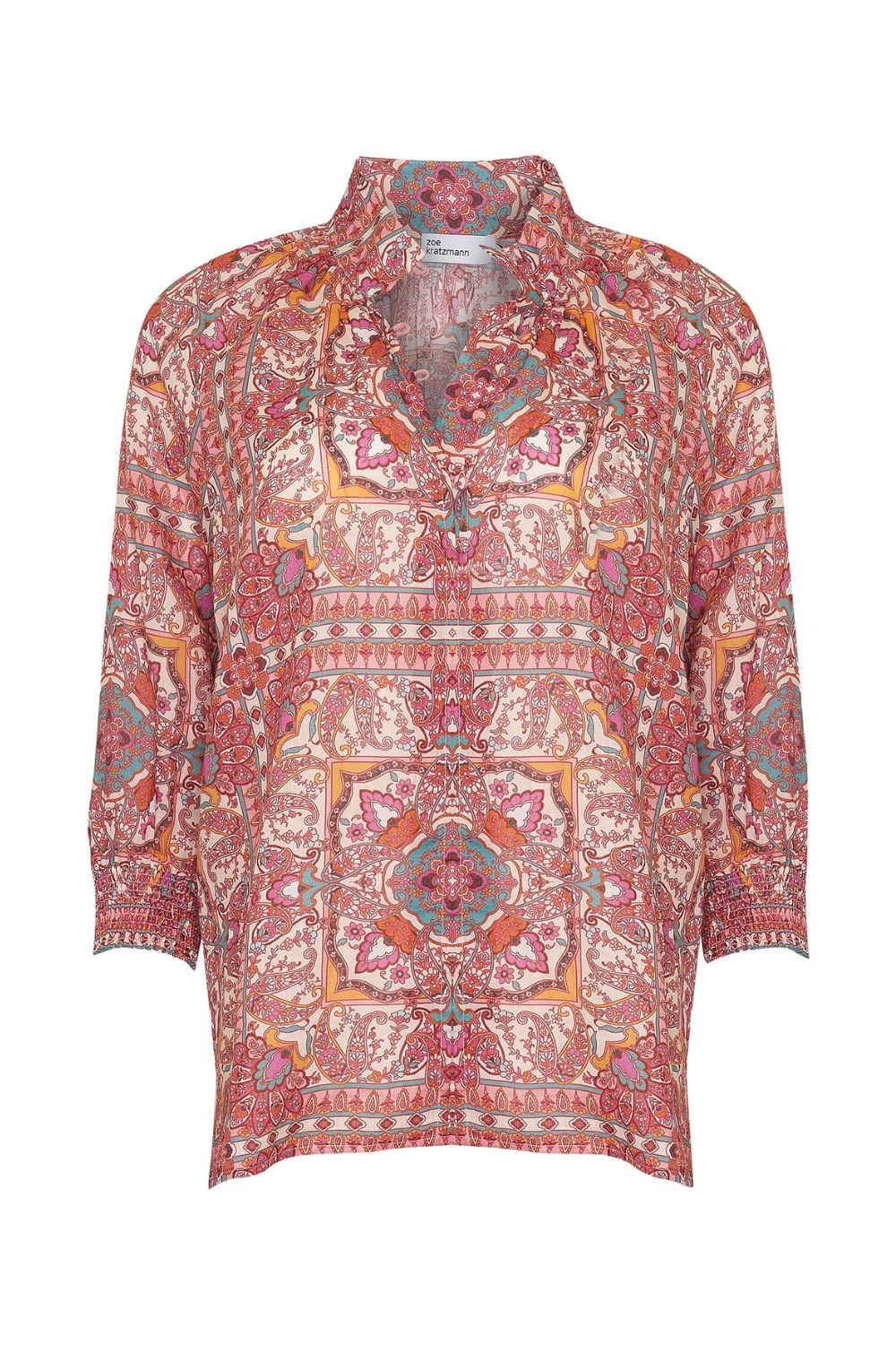 pink print, medium length sleeve, buttons down centre, small side splits, high neck, product image