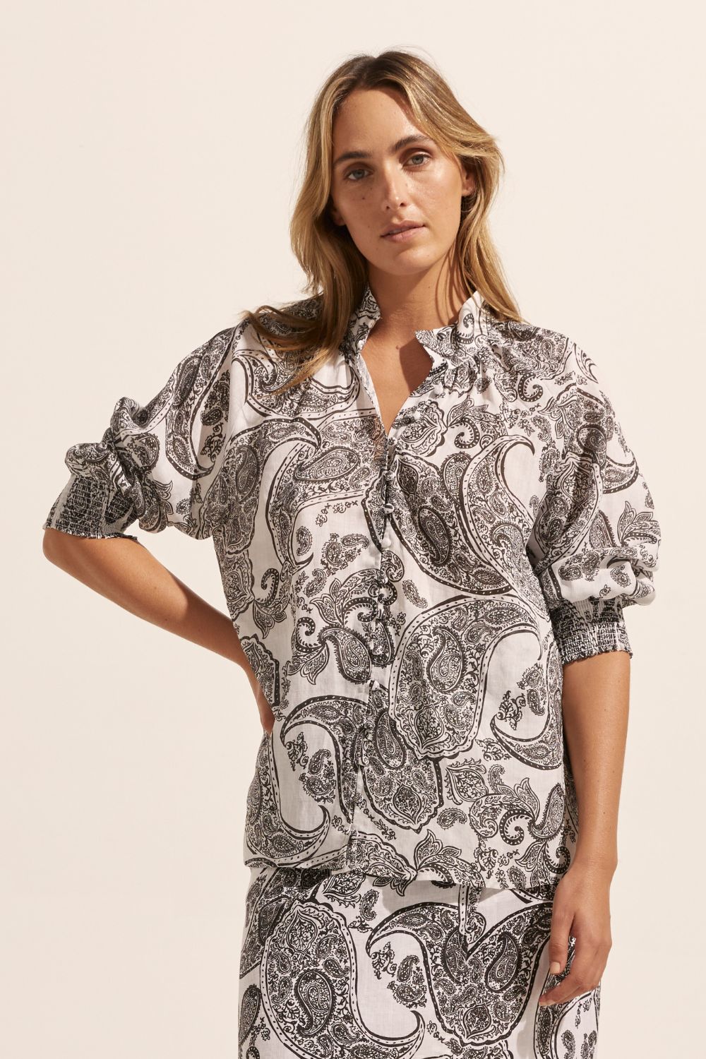 black and white print, high neck, button up, top