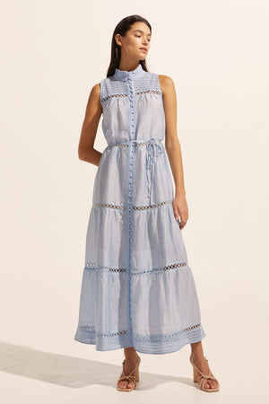 blue, maxi dress, sleeveless, button down centre, high neck, circular lace design, self tie fabric belt, front image