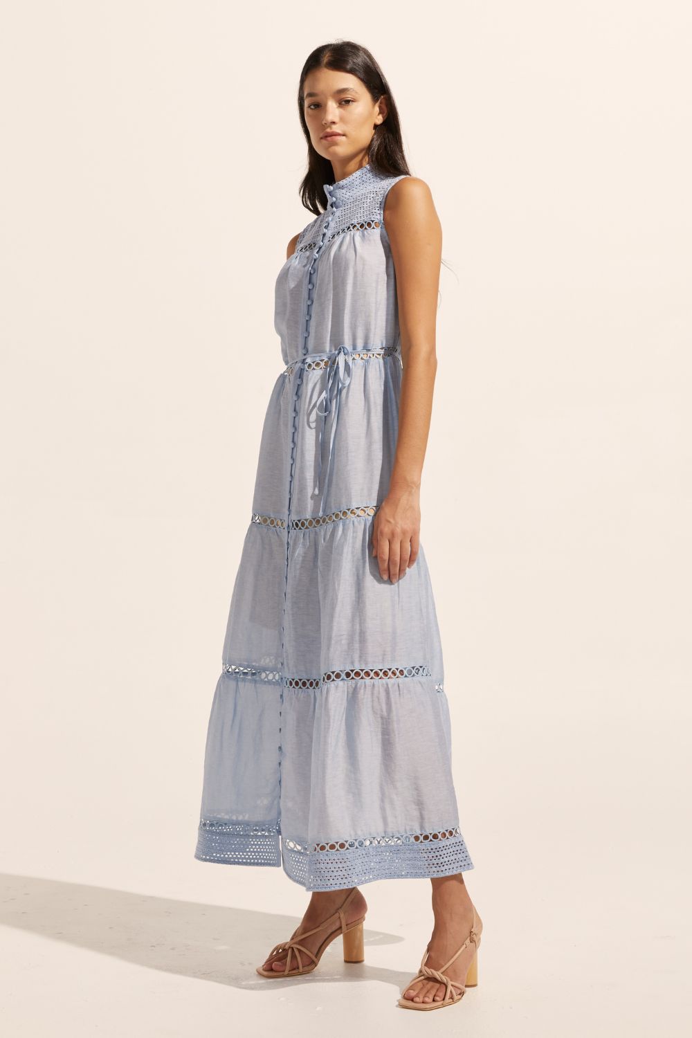 blue, maxi dress, sleeveless, button down centre, high neck, circular lace design, self tie fabric belt, side image