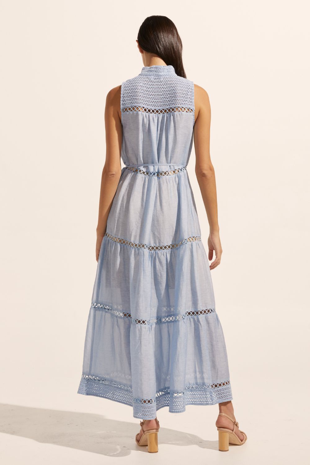 blue, maxi dress, sleeveless, button down centre, high neck, circular lace design, self tie fabric belt, back image