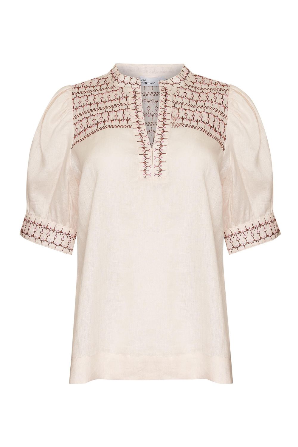 cream, embroidery, mid length sleeve, round neckline, deep v centre, top, product image