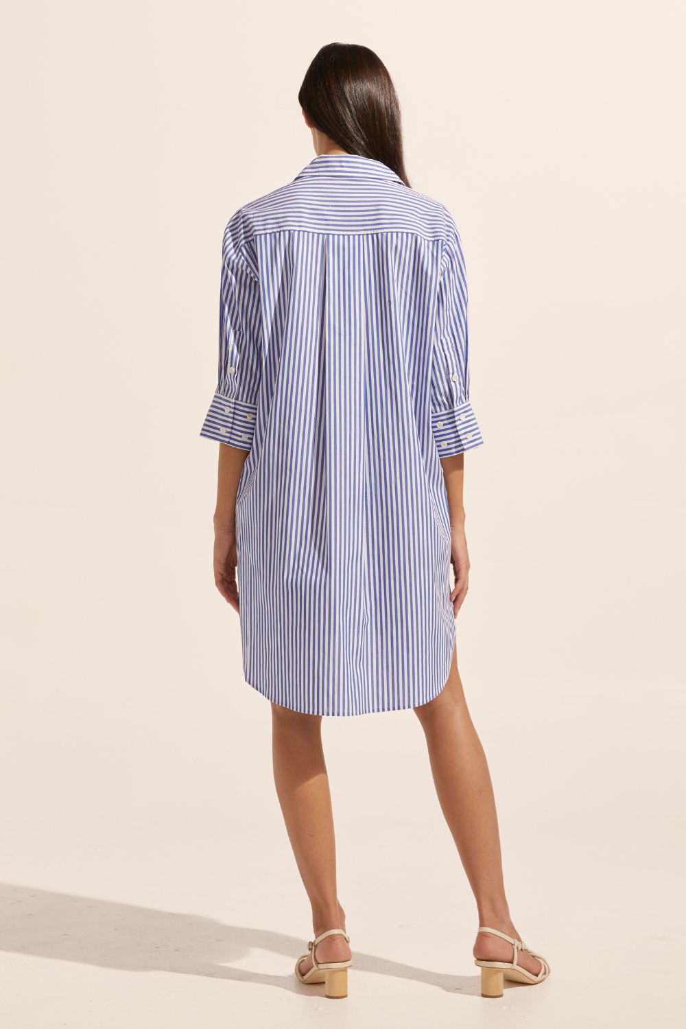 blue and white stripe, mid length sleeve, oversized patch pockets, high-low hemline, buttons down centre, crisp collar, dress, back image