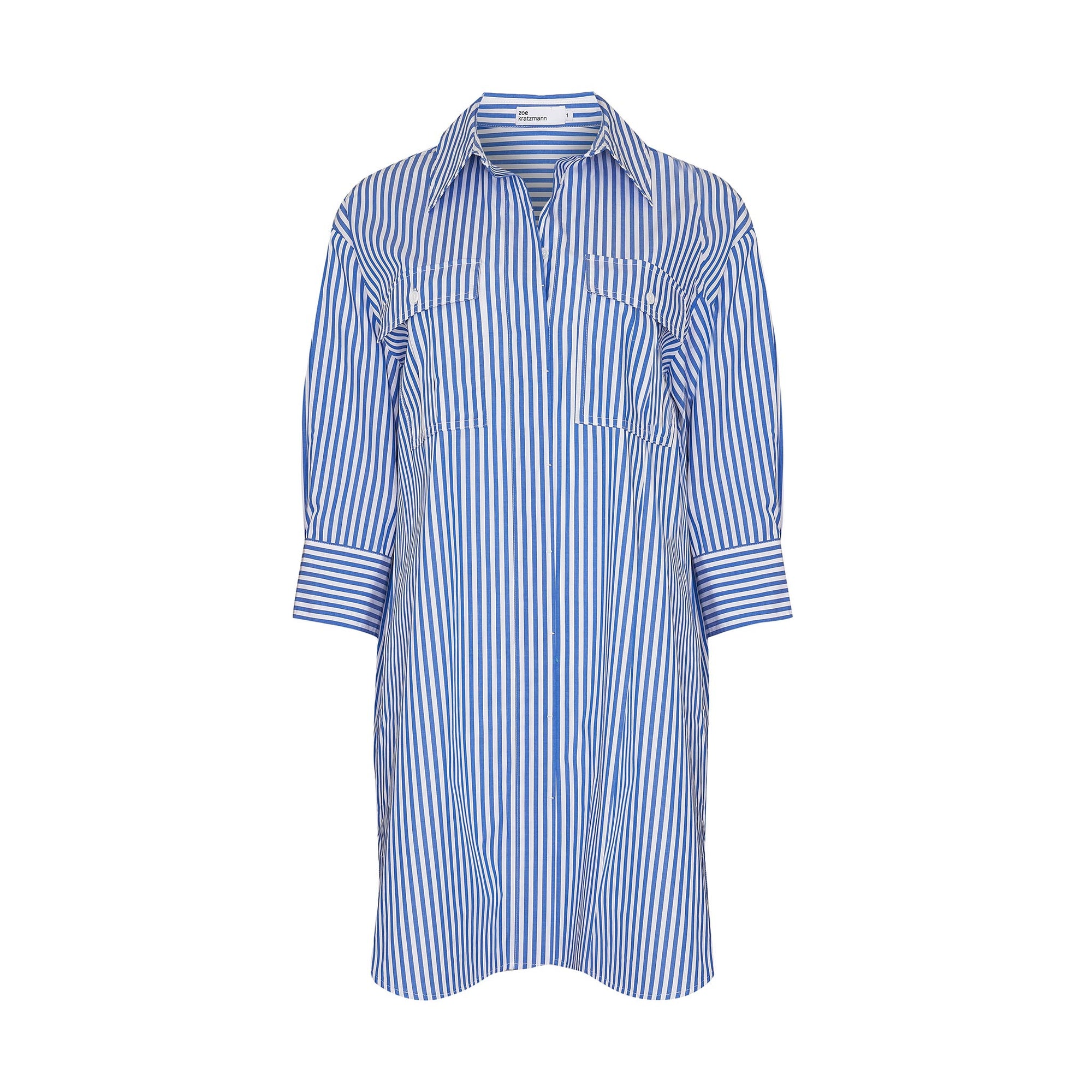 blue and white stripe, mid length sleeve, oversized patch pockets, high-low hemline, buttons down centre, crisp collar, dress, product image