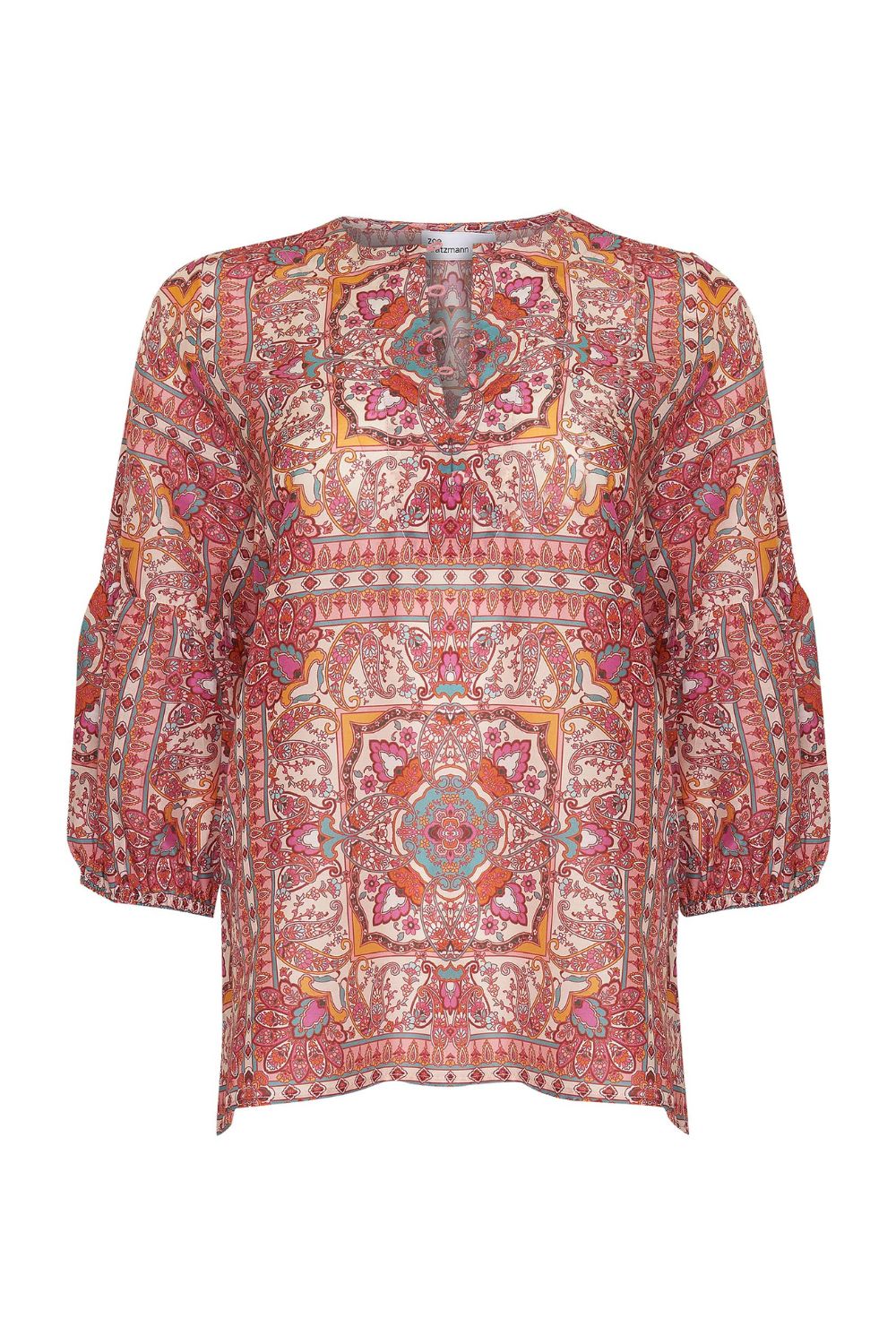 pink print, mid length sleeve, round neckline, covered buttons, small side splits, top, product image