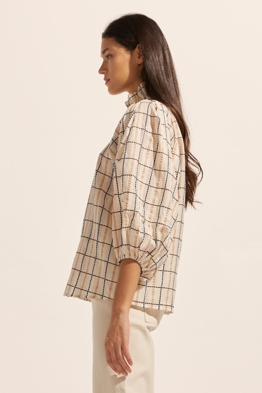 cream check print, covered buttons, voluminous sleeve, high neck, ruffle collar, mid length sleeve, elasticated cuff, top, side image