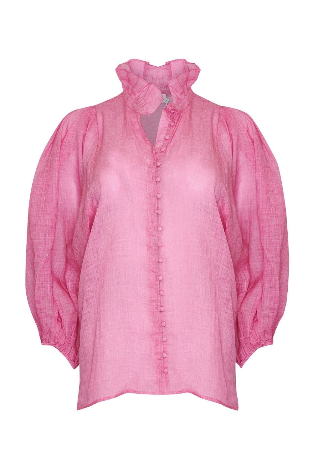 pink, covered buttons, voluminous sleeve, high neck, ruffle collar, mid length sleeve, elasticated cuff, top, product image