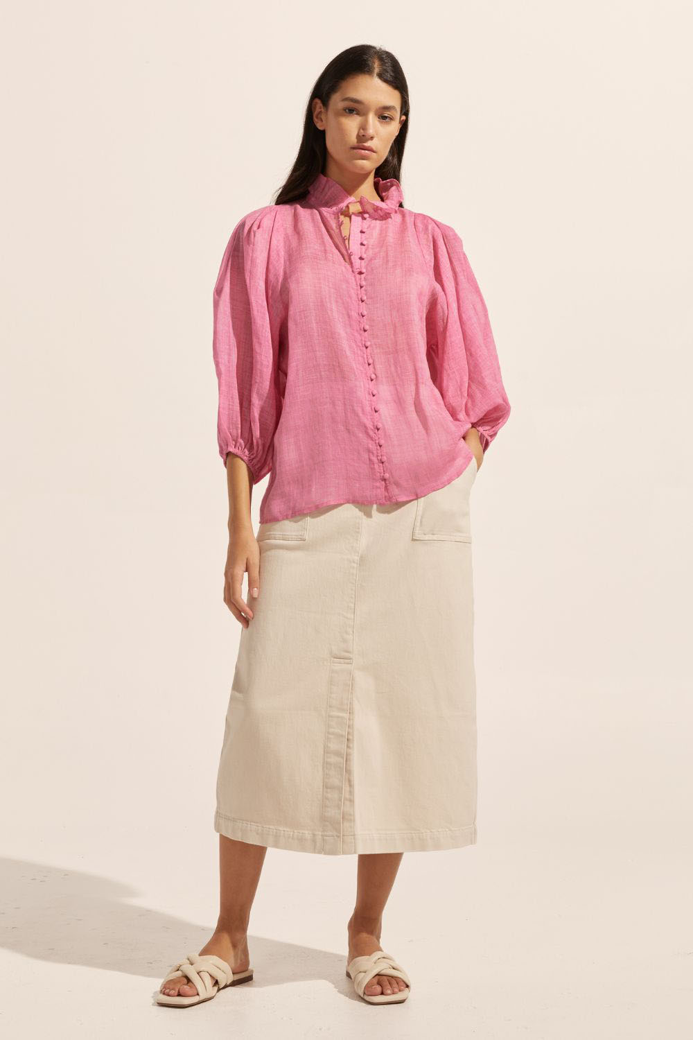 pink, covered buttons, voluminous sleeve, high neck, ruffle collar, mid length sleeve, elasticated cuff, top, front image