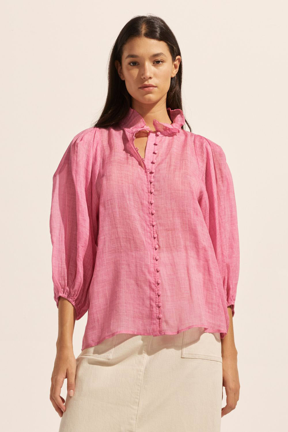 pink, covered buttons, voluminous sleeve, high neck, ruffle collar, mid length sleeve, elasticated cuff, top, front image