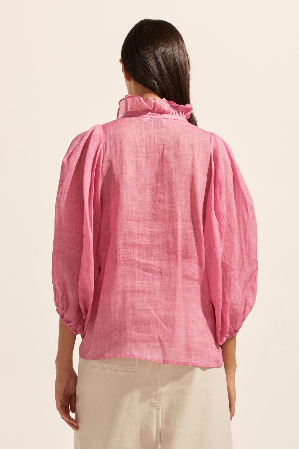 pink, covered buttons, voluminous sleeve, high neck, ruffle collar, mid length sleeve, elasticated cuff, top, back image