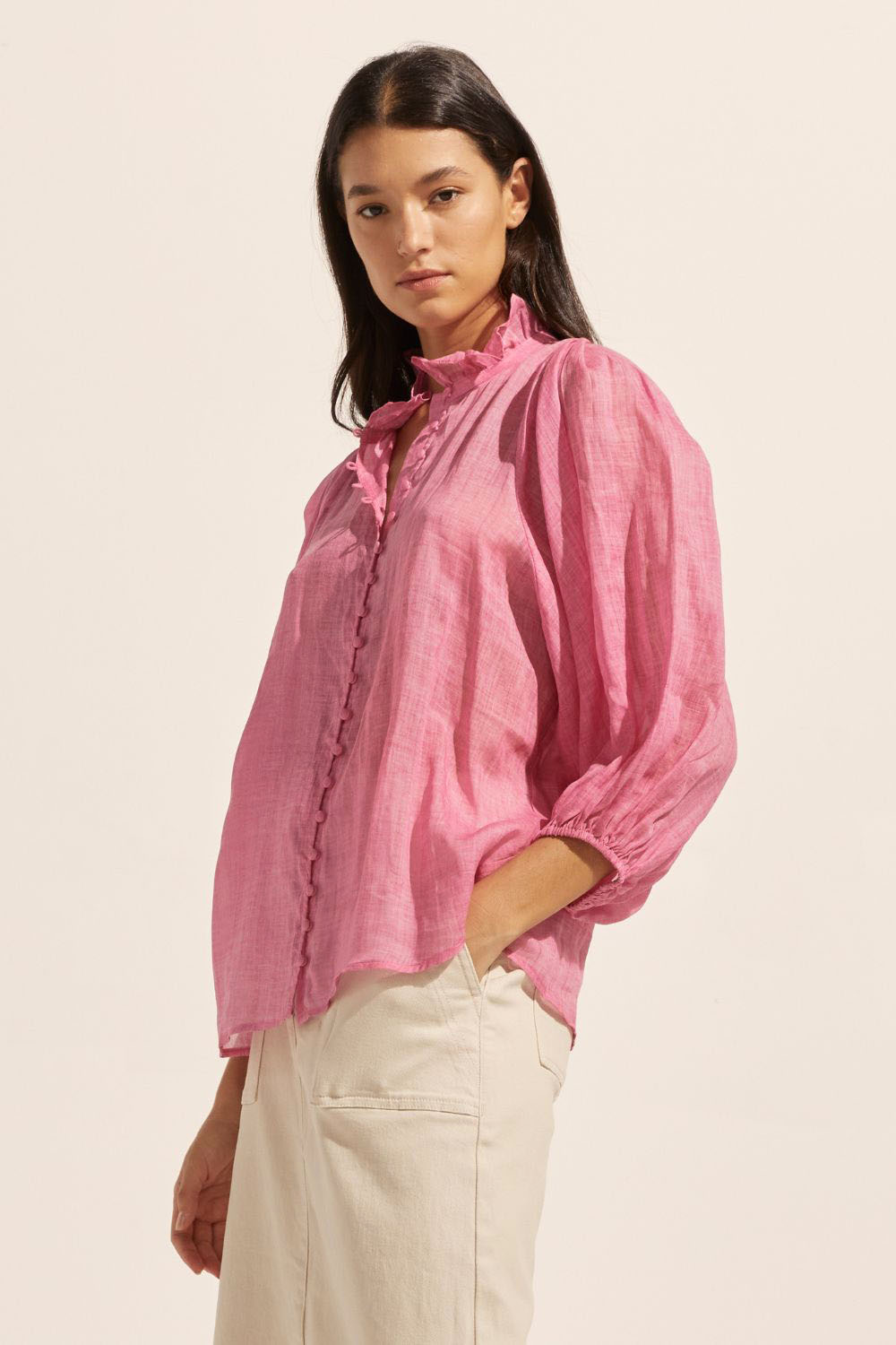 pink, covered buttons, voluminous sleeve, high neck, ruffle collar, mid length sleeve, elasticated cuff, top, side image