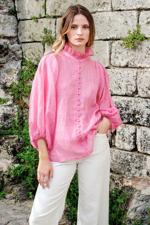 pink, covered buttons, voluminous sleeve, high neck, ruffle collar, mid length sleeve, elasticated cuff, top, campaign image