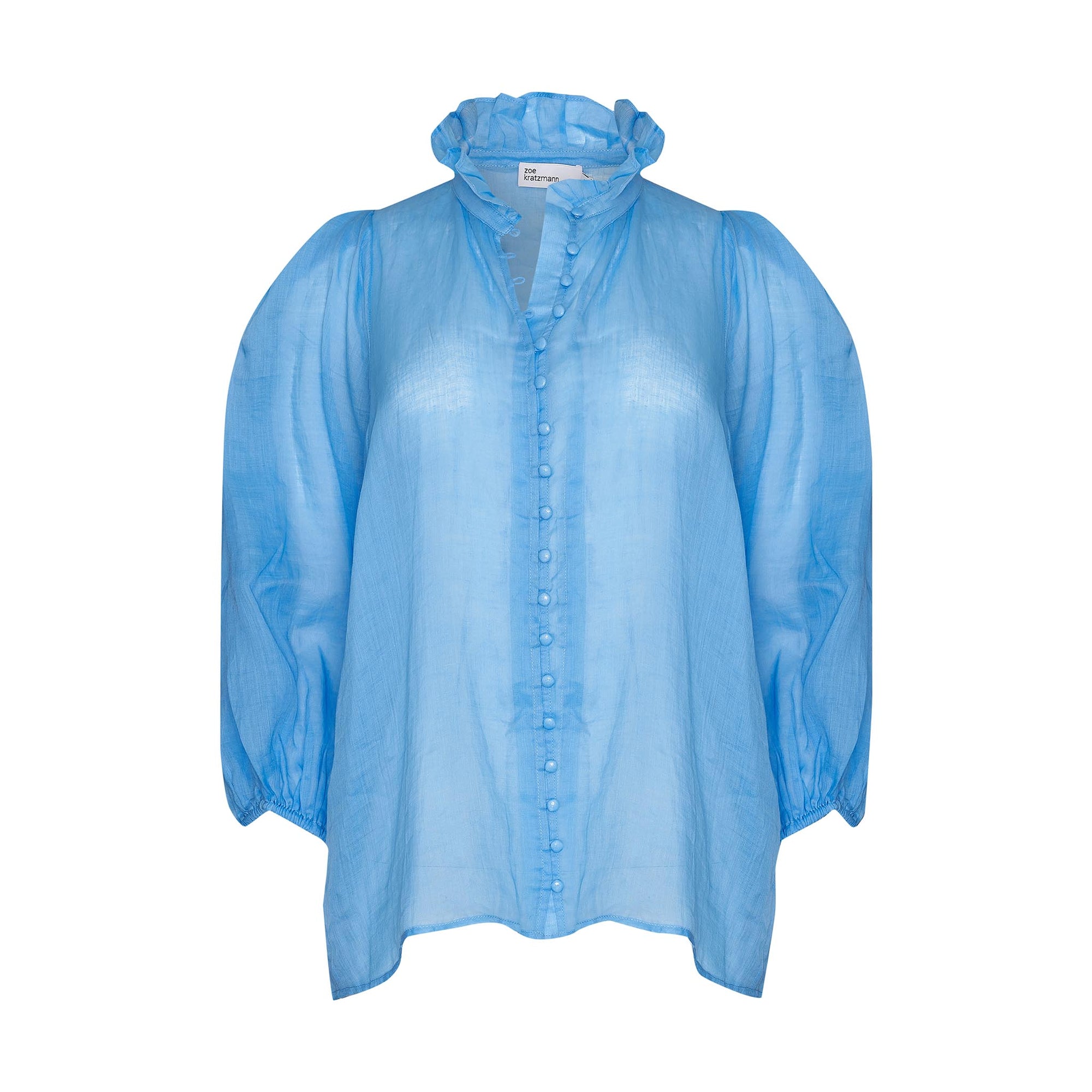 blue, ruffle neck collar, buttons down centre, mid length sleeve, shirt, product image