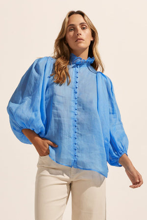 blue, ruffle neck collar, buttons down centre, mid length sleeve, shirt, front view