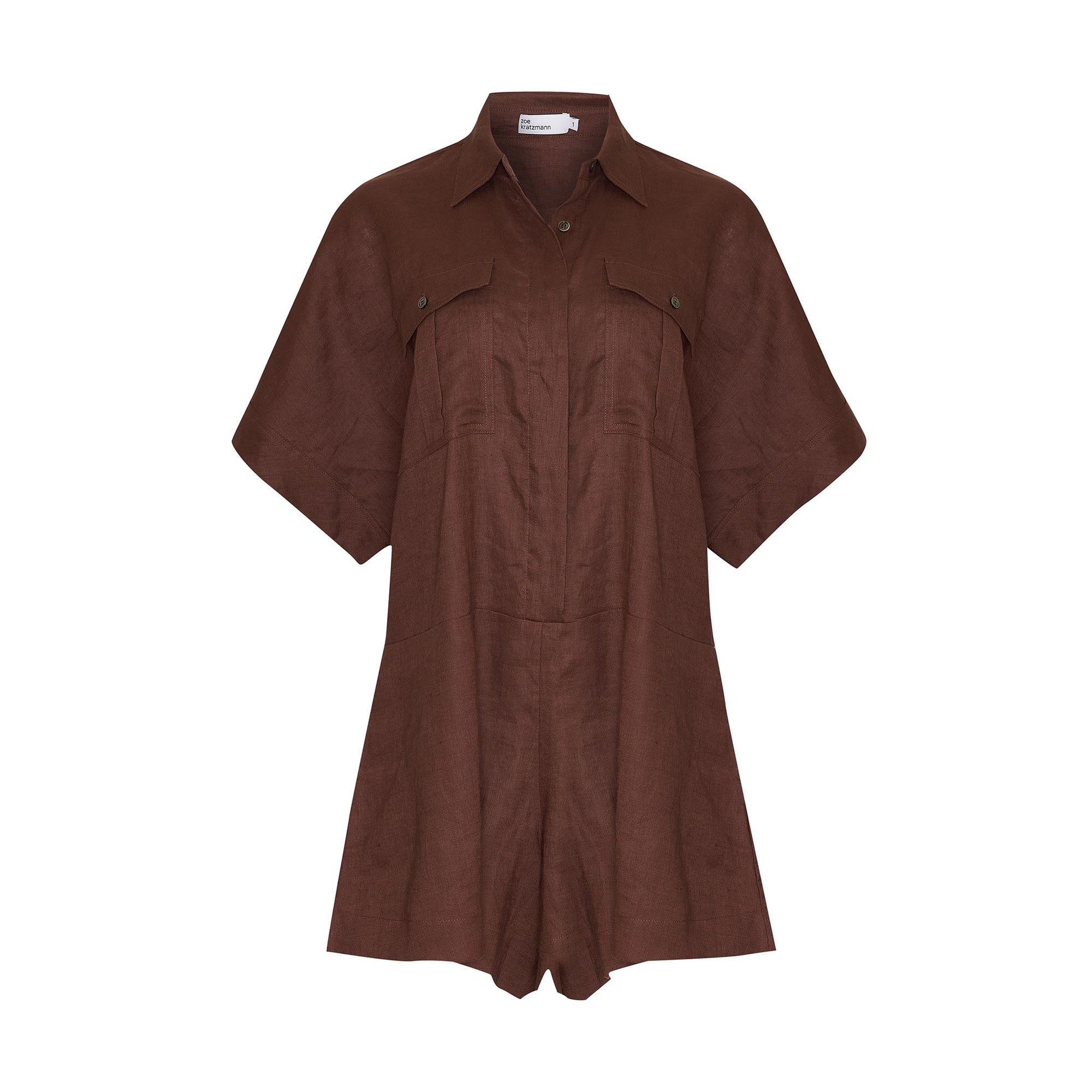brown, jumpsuit, button down collar, oversized patch pockets, product image