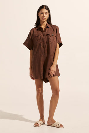 brown, jumpsuit, button down collar, oversized patch pockets, front view