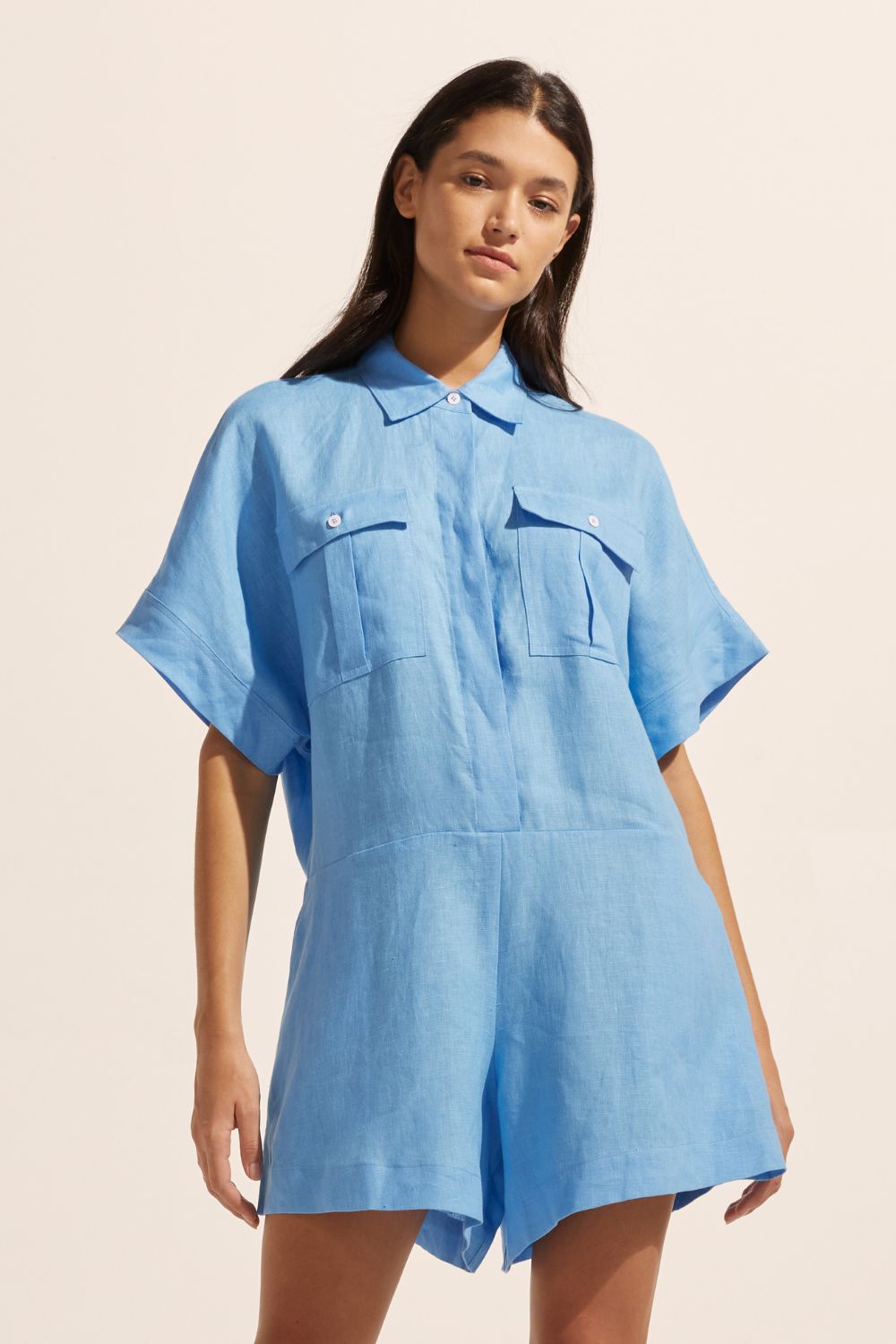 blue, jumpsuit, button down collar, oversized patch pockets, front view